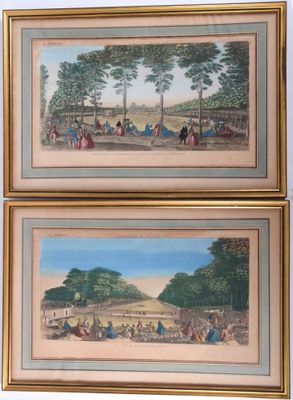 deux tableaux encadrés représentant une scène de parc avec des personnes assises sur un banc