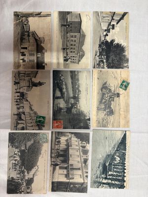 several old black and white photographs of buildings and a train
