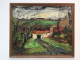 une image représentant un tableau d'une ferme au toit rouge