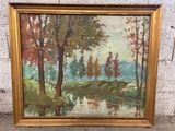 une peinture à l'huile représentant un paysage avec des arbres et une rivière