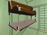 a drawing of a couch and a shelf in a room