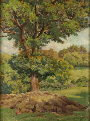 a painting of a large tree in a field with sheep