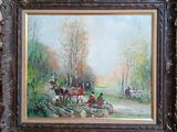 un tableau représentant un groupe de personnes à cheval dans les bois