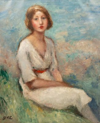 tableau représentant une femme en robe blanche assise sur une colline