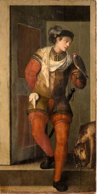 painting of a man with a dog in front of a door