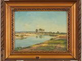 une peinture à l'huile représentant un paysage avec une rivière au premier plan
