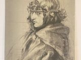 drawing of a woman with a crown on her head and a scarf around her neck