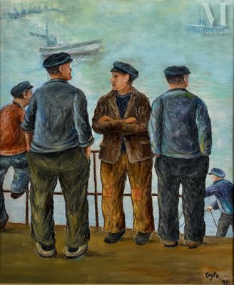 painting of a group of men standing next to each other on a pier