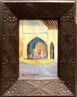 an oil painting of a man and a woman in a doorway