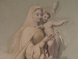 painting of a woman holding a baby and a bird in her arms
