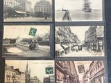 quatre cartes postales représentant des photos anciennes d'une rue et de bâtiments de la ville