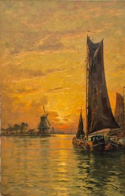 painting of boats in a harbor at sunset with windmills in the background