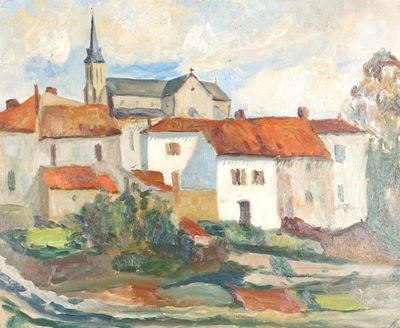 l'image d'un tableau représentant un village avec une église à l'arrière-plan