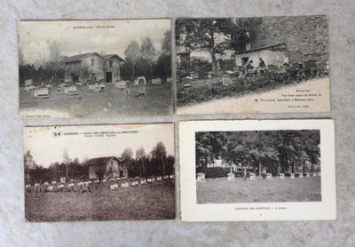 trois vieilles photos en noir et blanc d'une ferme avec des moutons