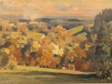 peinture représentant un tableau représentant un paysage avec des arbres au premier plan