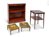 three pieces of furniture including a bookcase, stools and a table