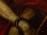 an oil painting of a man with a sword and a red cloak
