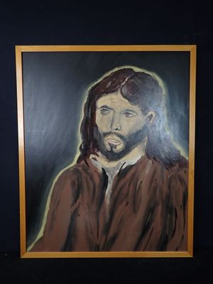 tableau représentant un homme aux cheveux longs et à la barbe, vêtu d'une veste marron