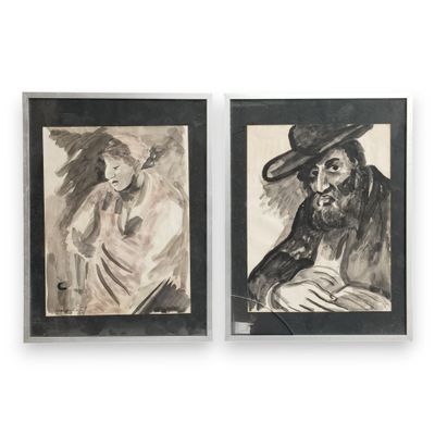 two paintings of a man and a woman in black and white