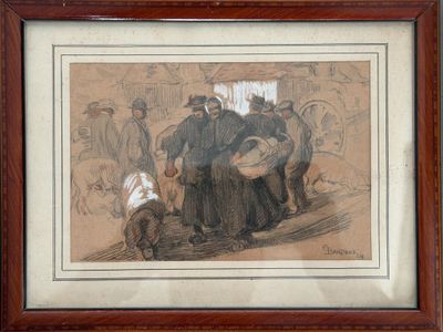 tableau représentant un groupe d'hommes et de femmes marchant dans une rue