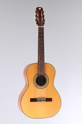 une guitare acoustique suspendue au plafond sur un fond blanc