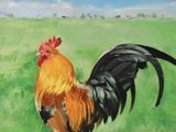 a painting of a rooster standing in a field