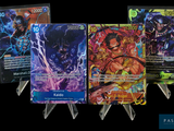 several cards of different colors and designs on a black background