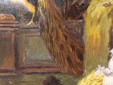 a painting of chickens and a peacock in a barn
