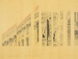 une image représentant un dessin d'un bâtiment avec des colonnes et une statue