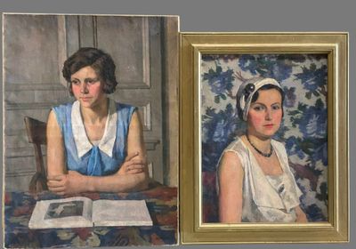 two paintings of women sitting at a table in front of a book