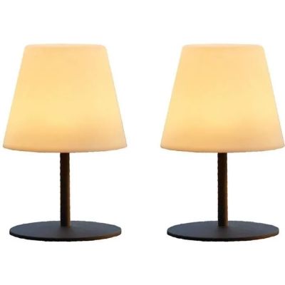 pair of table lamps with white lampshads on black bases