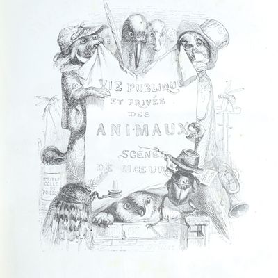 a drawing of a group of animals with a sign