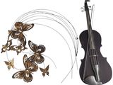 a violin, a violin case, and a butterfly sculpture