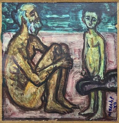 tableau représentant un homme et une femme assis sur une plage