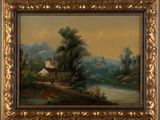 a painting of a river scene with a house and trees