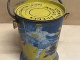 a yellow and blue bucket with a picture of a tennis player on it