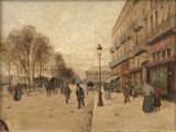 an image of a painting of people walking down a street