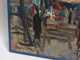an oil painting of a city street scene with people walking by