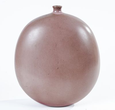 un grand vase marron posé sur une surface blanche