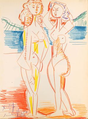 un dessin représentant deux femmes debout l'une à côté de l'autre sur une plage