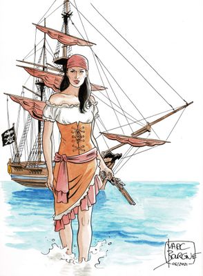 dessin représentant une femme en costume de pirate debout devant un bateau