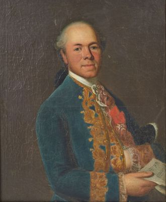 un vieux tableau représentant un homme en manteau bleu tenant un livre