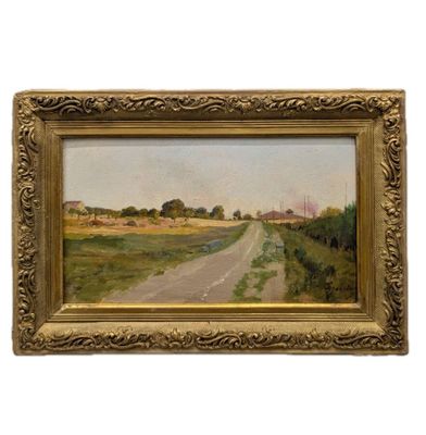 une peinture à l'huile représentant une route de campagne, dans un cadre doré, sur fond blanc