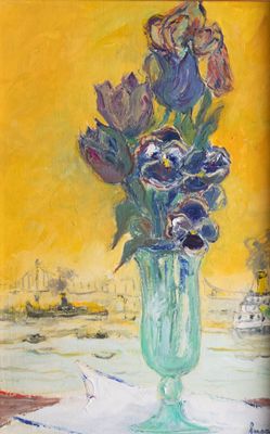 une peinture de fleurs dans un vase vert sur une table