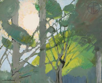 painting of a painting of trees in a forest with the sun shining through the trees