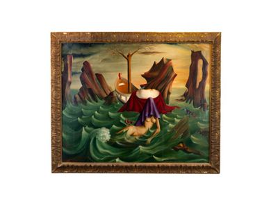 painting of a man on a boat in the middle of a body of water