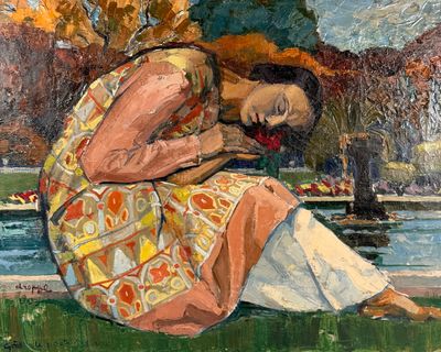 une peinture à l'huile représentant une femme assise sur un banc devant une fontaine