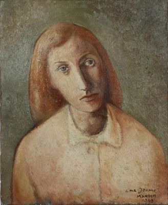 an old painting of a woman with red hair and a white shirt
