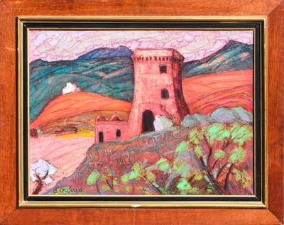 an oil painting of a castle on a hill with trees and hills in the background