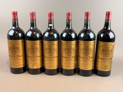 six bottles of wine lined up in a row on a table